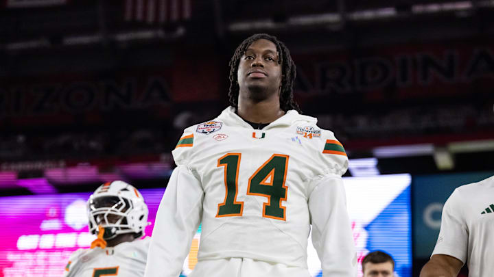 Jan 8, 2026; Glendale, AZ, USA; Miami Hurricanes defensive lineman Hayden Lowe (14) against the Mississippi Rebels during the 2026 Fiesta Bowl and semifinal game of the College Football Playoff at State Farm Stadium. Mandatory Credit: Mark J. Rebilas-Imagn Images