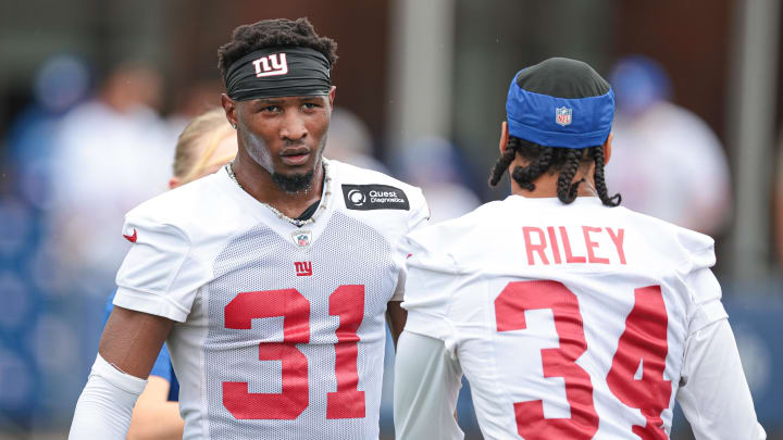Jul 24, 2024; East Rutherford, NJ, USA; New York Giants safety Tyler Nubin (31) and safety Elijah Riley (34) during training camp at Quest Diagnostics Training Facility. Mandatory Credit: Vincent Carchietta-USA TODAY Sports
