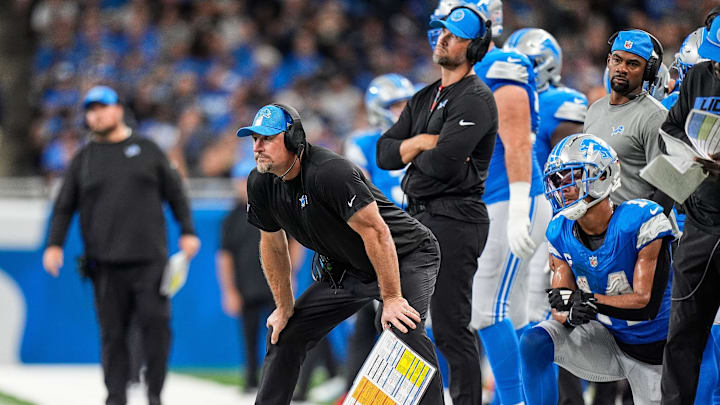 Detroit Lions head coach Dan Campbell watches a play against Tampa Bay Buccaneers during the second half at Ford Field in Detroit on Sunday, September 15, 2024.