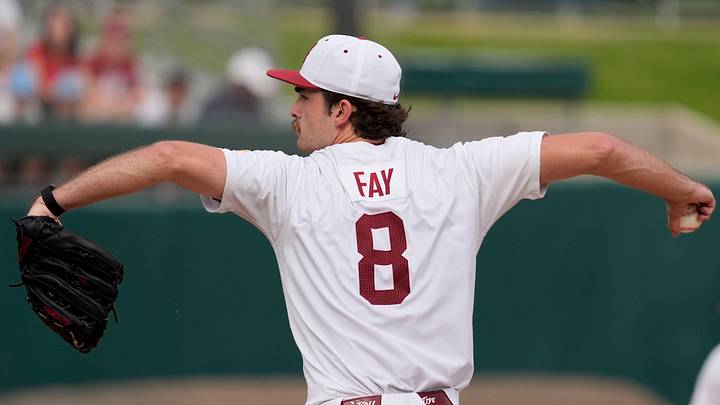 May 29, 2026; Tuscaloosa, AL, USA; Alabama pitcher Tyler Fay (8) starts the game in the Tuscaloosa NCAA Regional between Alabama and Alabama State in Sewell-Thomas Stadium. May 29, 2026; Tuscaloosa, AL, USA; Alabama pitcher Tyler Fay (8) starts the game in the Tuscaloosa NCAA Regional between Alabama and Alabama State in Sewell-Thomas Stadium.