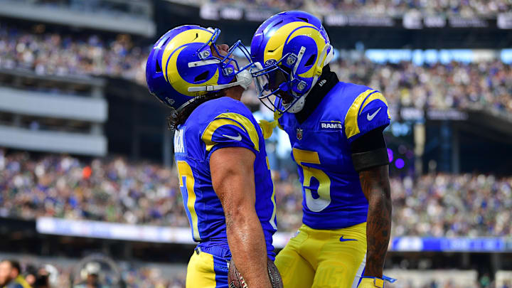Oct 8, 2023; Inglewood, California, USA; Los Angeles Rams wide receiver Puka Nacua (17) celebrates his touchdown scored against the Philadelphia Eagles with wide receiver Tutu Atwell (5) during the first half at SoFi Stadium. Mandatory Credit: Gary A. Vasquez-Imagn Images