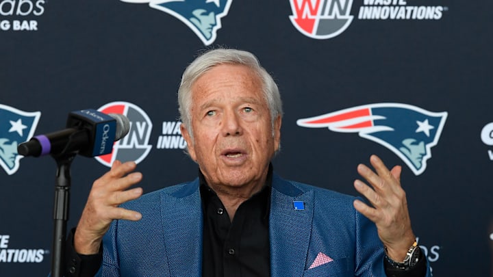 Jan 17, 2024; Foxborough, MA, USA; New England Patriots owner Robert Kraft addresses media on the Jan 17, 2024; Foxborough, MA, USA; New England Patriots owner Robert Kraft addresses media on the