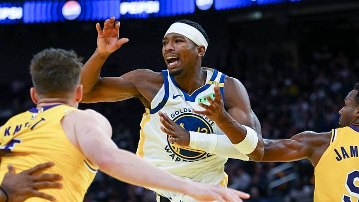 San Francisco, California, USA; Golden State Warriors guard Brandon Williams (12) loses control of the ball against the Los Angeles Lakers during the third quarter at Chase Center. Mandatory Credit: Ed Szczepanski-Imagn Images San Francisco, California, USA; Golden State Warriors guard Brandon Williams (12) loses control of the ball against the Los Angeles Lakers during the third quarter at Chase Center. Mandatory Credit: Ed Szczepanski-Imagn Images