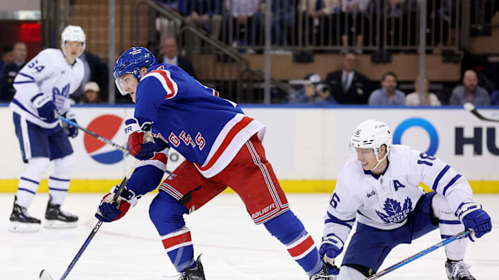 Apr 13, 2023; New York, New York, USA; New York Rangers defenseman Adam Fox (23) skates with the