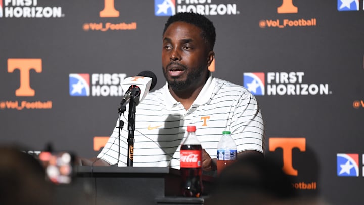 Tennessee defensive coordinator Tim Banks speaks at a press conference during Tennessee Football Media Day, Tuesday, Aug. 1, 2023.