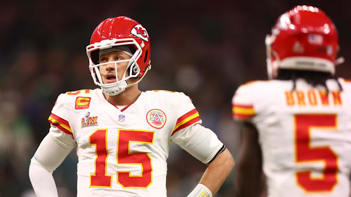 Feb 9, 2025; New Orleans, LA, USA;  Kansas City Chiefs quarterback Patrick Mahomes (15) reacts in the fourth quarter against the Philadelphia Eagles in Super Bowl LIX at Ceasars Superdome. Mandatory Credit: Mark J. Rebilas-Imagn Images