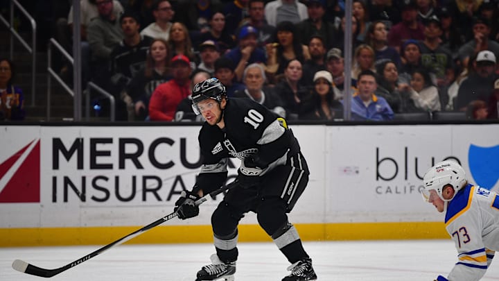 Mar 21, 2026; Los Angeles, California, USA; Los Angeles Kings left wing Artemi Panarin (10) moves in for a shot ahead of Buffalo Sabres defenseman Zach Metsa (73) during the second period at Crypto.com Arena. Mandatory Credit: Gary A. Vasquez-Imagn Images