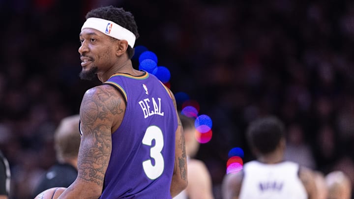 Mar 14, 2025; Phoenix, Arizona, USA; Phoenix Suns guard Bradley Beal (3) reacts after a play against the Sacramento Kings during the first half at Footprint Center. Mandatory Credit: Mark J. Rebilas-Imagn Images