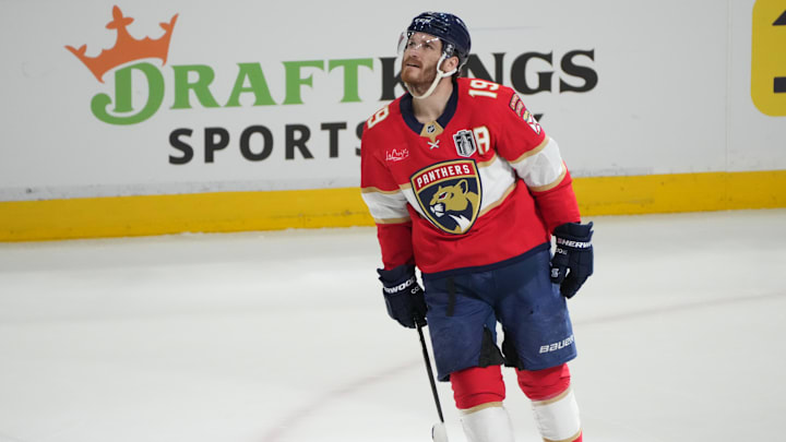 Jun 12, 2025; Sunrise, Florida, USA; Florida Panthers forward Matthew Tkachuk (19) celebrates scoring during the first period against the Edmonton Oilers in game four of the 2025 Stanley Cup Final at Amerant Bank Arena. Mandatory Credit: Jim Rassol-Imagn Images