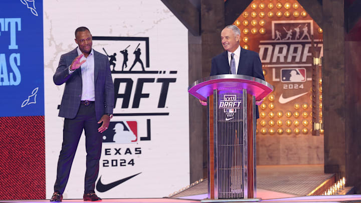 Jul 14, 2024; Ft. Worth, TX, USA;  MLB Commissioner Rob Manfred introduces former Texas Rangers player Adrian Beltre before the first round of the MLB Draft at Cowtown Coliseum. 