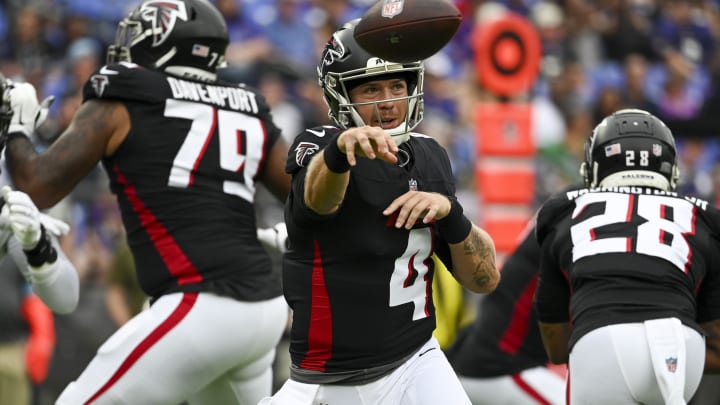 Aug 17, 2024; Baltimore, Maryland, USA; Atlanta Falcons quarterback Taylor Heinicke (4) throws from there pocket during the first half against the Baltimore Ravens at M&T Bank Stadium. Mandatory Credit: Tommy Gilligan-USA TODAY Sports Aug 17, 2024; Baltimore, Maryland, USA; Atlanta Falcons quarterback Taylor Heinicke (4) throws from there pocket during the first half against the Baltimore Ravens at M&T Bank Stadium. Mandatory Credit: Tommy Gilligan-USA TODAY Sports