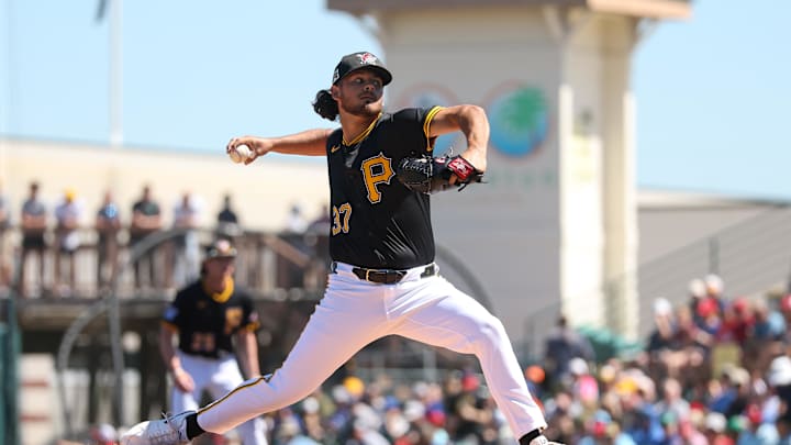 Jared Jones pitches against the Phillies in spring training.