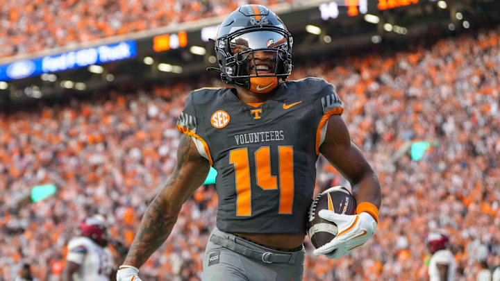 Tennessee wide receiver Braylon Staley (14) smiles after scoring a touchdown during a NCAA football game between Tennessee Volunteers and New Mexico State Aggies at Neyland Stadium in Knoxville, Tenn., on Nov. 15, 2025.