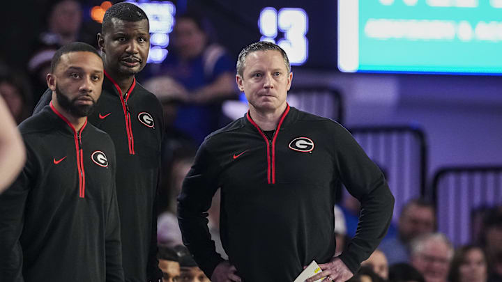 Feb 25, 2025; Athens, Georgia, USA; Georgia Bulldogs head coach Mike White reacts on the bench during the game against the Florida Gators during the first half at Stegeman Coliseum. Mandatory Credit: Dale Zanine-Imagn Images