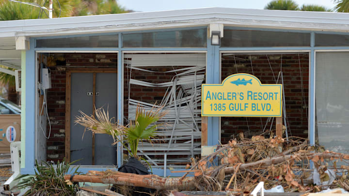 Storm surge from Hurricane Milton pushed debris through the windows of the Angler's Resort on the south end of Manasota Key in Englewood, Florida. Wednesday, Oct. 16, 2024, was the first day the barrier island was opened to vehicles after the storm.