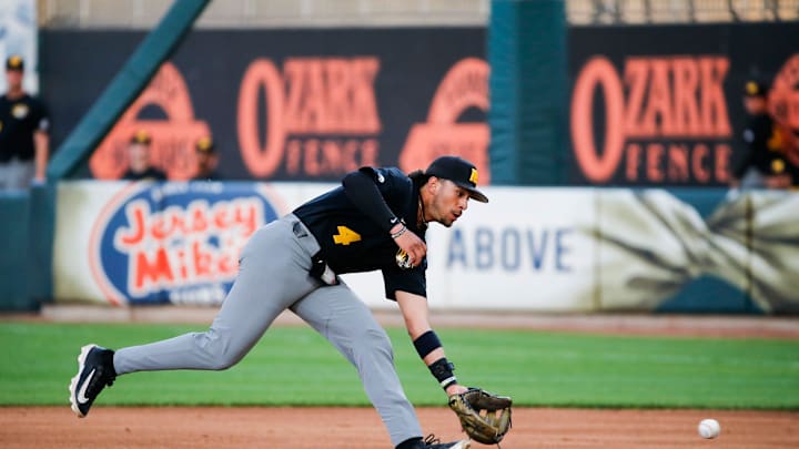 Mizzou's Matt Garcia fields a ball as the Tigers took on the Missouri State Bears at Hammons Field on Tuesday, April 16, 2024.
