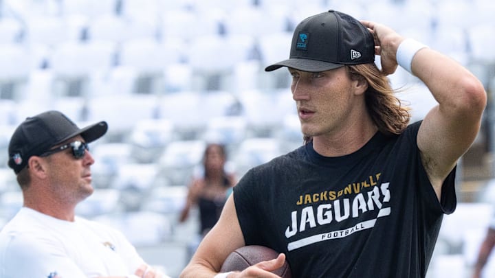 Jacksonville Jaguars quarterback Trevor Lawrence (16) warms up before an NFL game between the Carolina Panthers at Jacksonville Jaguars at EverBank Stadium Sunday September 7, 2025. [Doug Engle/Florida Times-Union]