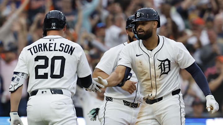 May 12, 2025; Detroit, Michigan, USA;  Detroit Tigers outfielder Riley Greene (31) receives congratulations from first base Spencer Torkelson (20) after he hits a three rum hits an RBI single third inning against the Boston Red Sox at Comerica Park. Mandatory Credit: Rick Osentoski-Imagn Images