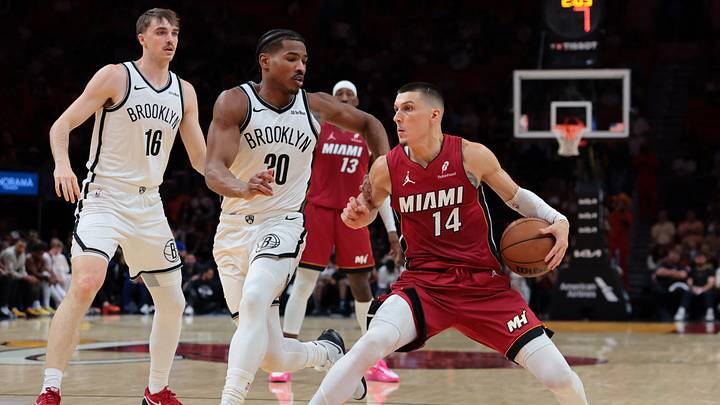 Mar 5, 2026; Miami, Florida, USA; Miami Heat guard Tyler Herro (14) drives to the basket against Brooklyn Nets guard Ochai Agbaji (30)during the fourth quarter at Kaseya Center. Mandatory Credit: Sam Navarro-Imagn Images Mar 5, 2026; Miami, Florida, USA; Miami Heat guard Tyler Herro (14) drives to the basket against Brooklyn Nets guard Ochai Agbaji (30)during the fourth quarter at Kaseya Center. Mandatory Credit: Sam Navarro-Imagn Images