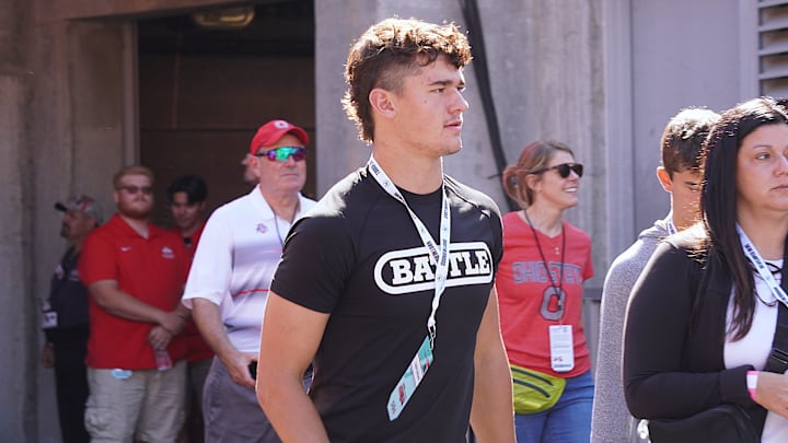 Oct 5, 2024; Columbus, OH, USA; Class of 2026 Olentangy safety Kaden Gebhardt visits the field ahead of Ohio State's 35-7 win over the Iowa Hawkeyes after the NCAA football game at Ohio Stadium. Oct 5, 2024; Columbus, OH, USA; Class of 2026 Olentangy safety Kaden Gebhardt visits the field ahead of Ohio State's 35-7 win over the Iowa Hawkeyes after the NCAA football game at Ohio Stadium.