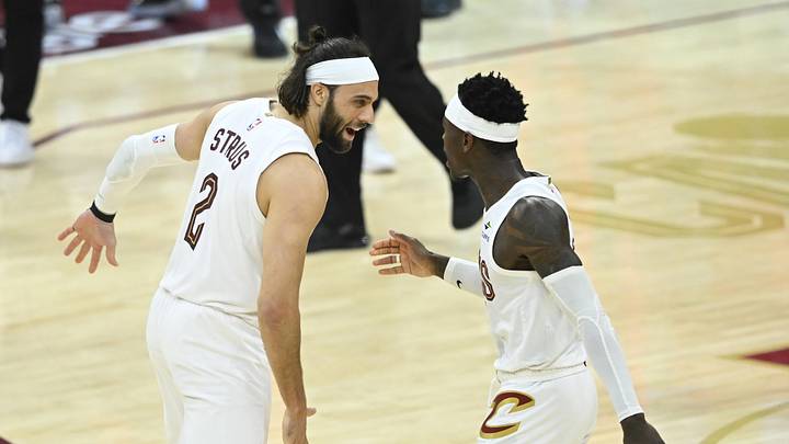 Apr 29, 2026; Cleveland, Ohio, USA; Cleveland Cavaliers guard Max Strus (2) and guard Dennis Schroder (8) celebrate against the Toronto Raptors in the fourth quarter of game five of the first round of the 2026 NBA Playoffs at Rocket Arena. Mandatory Credit: David Richard-Imagn Images Apr 29, 2026; Cleveland, Ohio, USA; Cleveland Cavaliers guard Max Strus (2) and guard Dennis Schroder (8) celebrate against the Toronto Raptors in the fourth quarter of game five of the first round of the 2026 NBA Playoffs at Rocket Arena. Mandatory Credit: David Richard-Imagn Images