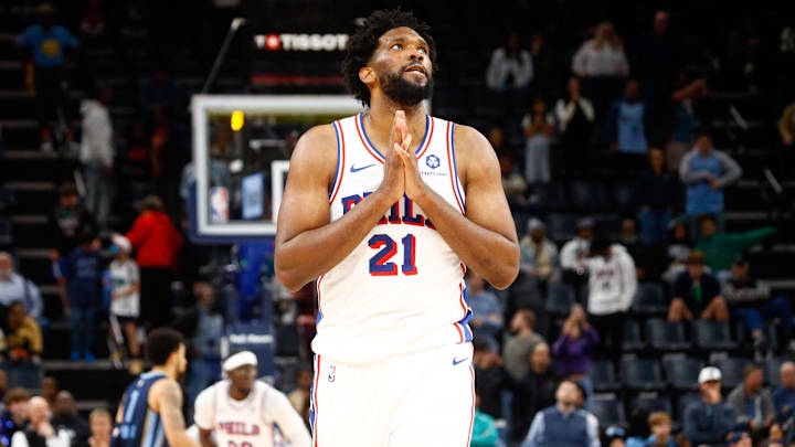 Nov 20, 2024; Memphis, Tennessee, USA; Philadelphia 76ers center Joel Embiid (21) reacts after a turnover during the second half against the Memphis Grizzlies at FedExForum. Mandatory Credit: Petre Thomas-Imagn Images