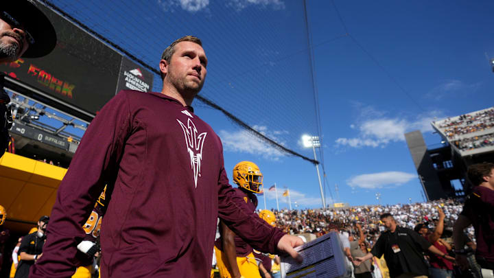 Oct 7, 2023; Tempe, Arizona, USA; ASU Sun Devils head coach Kenny Dillingham leads his team on to the field to play against the Colorado Buffaloes at Mountain America Stadium. Oct 7, 2023; Tempe, Arizona, USA; ASU Sun Devils head coach Kenny Dillingham leads his team on to the field to play against the Colorado Buffaloes at Mountain America Stadium.
