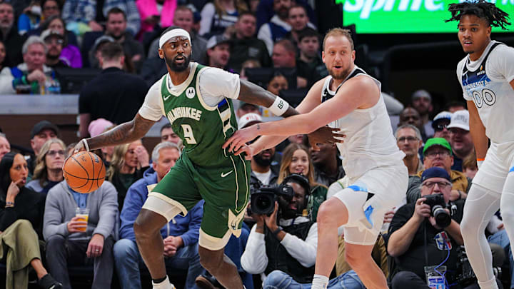 Milwaukee Bucks forward Bobby Portis dribbles against the Minnesota Timberwolves guard Joe Ingles in the second quarter at Target Center in Minneapolis on Feb. 12, 2025. Milwaukee Bucks forward Bobby Portis dribbles against the Minnesota Timberwolves guard Joe Ingles in the second quarter at Target Center in Minneapolis on Feb. 12, 2025.