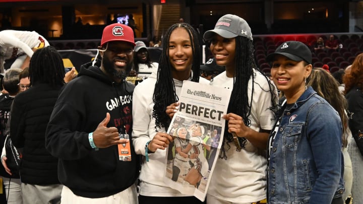 Apr 7, 2024; Cleveland, OH, USA; South Carolina Gamecocks guard Bree Hall (23) poses for a photo after defeating the Iowa Hawkeyes in the finals of the Final Four of the womens 2024 NCAA Tournament  at Rocket Mortgage FieldHouse. Mandatory Credit: Ken Blaze-USA TODAY Sports