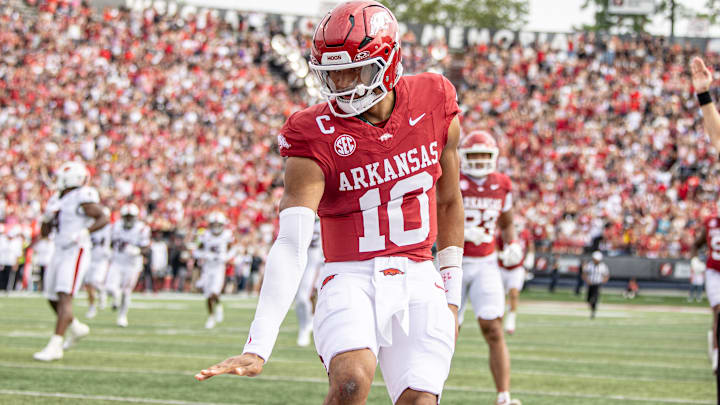 Arkansas Razorbacks quarterback Taylen Green after scoring against Arkansas State at War Memorial Stadium in Little Rock, Ark.