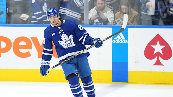 Oct 20, 2022; Toronto, Ontario, CAN; Toronto Maple Leafs left wing Nicholas Robertson (89) skates during the warmup against the Dallas Stars at Scotiabank Arena. Mandatory Credit: Nick Turchiaro-Imagn Images
