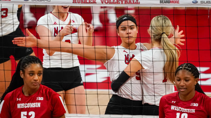 Oct 21, 2023; Lincoln, NE, USA; Nebraska Cornhuskers middle blocker Bekka Allick (5) reacts after a point against the Wisconsin Badgers during the fifth set at the Bob Devaney Sports Center. Oct 21, 2023; Lincoln, NE, USA; Nebraska Cornhuskers middle blocker Bekka Allick (5) reacts after a point against the Wisconsin Badgers during the fifth set at the Bob Devaney Sports Center.