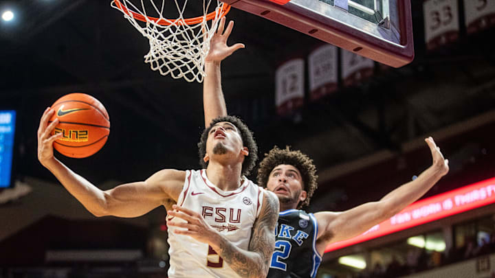Florida State Seminoles guard Kobe Magee (5) shoots for two. The Duke Blue Devils defeated the Florida State Seminoles 91-87 at the Tucker Civic Center on Saturday, Jan. 3, 2026. Florida State Seminoles guard Kobe Magee (5) shoots for two. The Duke Blue Devils defeated the Florida State Seminoles 91-87 at the Tucker Civic Center on Saturday, Jan. 3, 2026.