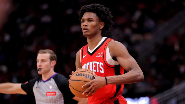 Mar 21, 2024; Houston, Texas, USA; Houston Rockets forward Amen Thompson (1) handles the ball Mar 21, 2024; Houston, Texas, USA; Houston Rockets forward Amen Thompson (1) handles the ball