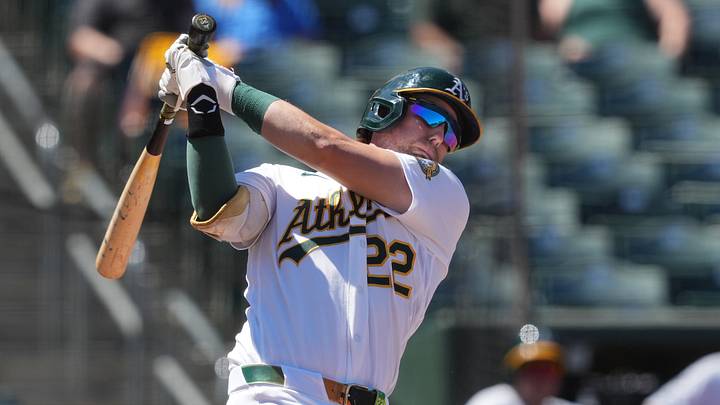 Aug 2, 2026; West Sacramento, California, USA; Athletics first baseman Jeff McNeil (22) bats against the Detroit Tigers during the fifth inning at Sutter Health Park. Mandatory Credit: Darren Yamashita-Imagn Images