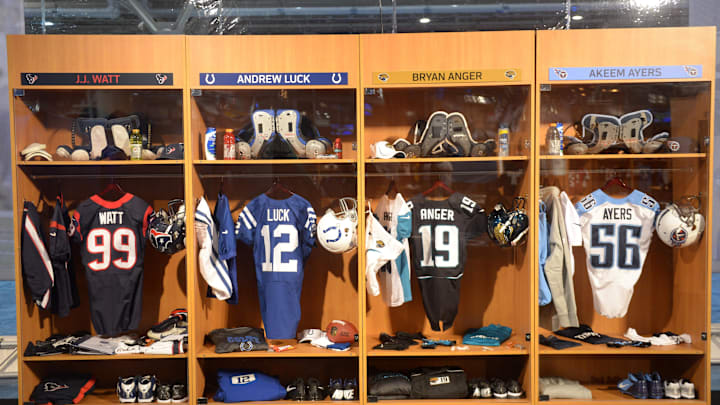 Jan 30, 2013; New Orleans, LA, USA; Locker room exhibit of the uniforms of Houston Texans defensive
