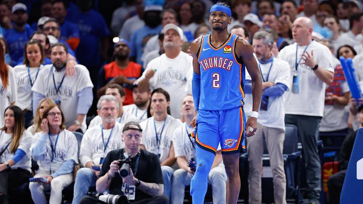May 20, 2026; Oklahoma City, Oklahoma, USA; Oklahoma City Thunder guard Shai Gilgeous-Alexander (2) reacts to a play during the fourth quarter against the San Antonio Spurs during game two of the western conference finals for the 2026 NBA playoffs at Paycom Center. Mandatory Credit: Alonzo Adams-Imagn Images May 20, 2026; Oklahoma City, Oklahoma, USA; Oklahoma City Thunder guard Shai Gilgeous-Alexander (2) reacts to a play during the fourth quarter against the San Antonio Spurs during game two of the western conference finals for the 2026 NBA playoffs at Paycom Center. Mandatory Credit: Alonzo Adams-Imagn Images