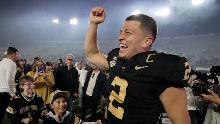 Vanderbilt quarterback Diego Pavia (2) celebrates after the team’s win against Kentucky at FirstBank Stadium in Nashville, Tenn., Saturday, Nov. 22, 2025. Vanderbilt quarterback Diego Pavia (2) celebrates after the team’s win against Kentucky at FirstBank Stadium in Nashville, Tenn., Saturday, Nov. 22, 2025.