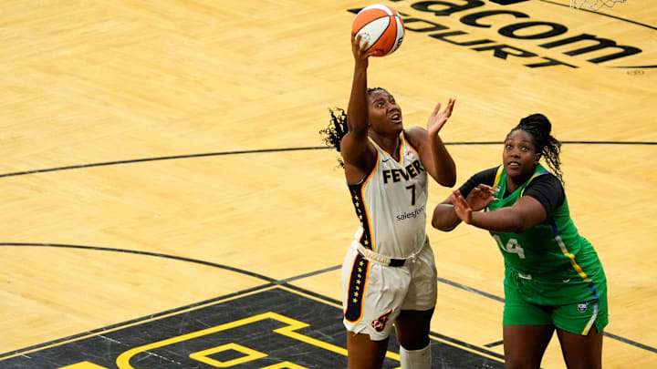 Indiana Fever center-forward Aliyah Boston (7) shoots against BrazilÕs Licinara Rodrigues Bispo (14) during an WNBA game May 4, 2025 at Carver-Hawkeye Arena in Iowa City, Iowa.