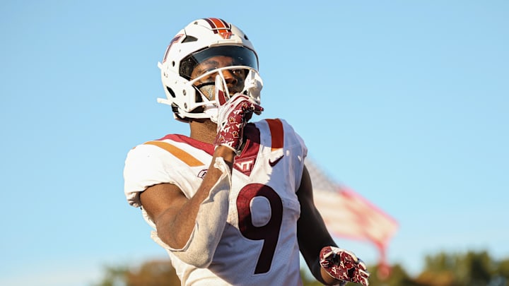 Sep 16, 2023; Piscataway, New Jersey, USA; Virginia Tech Hokies wide receiver Da'Quan Felton (9) reacts after a receiving touchdown during the second half against the Rutgers Scarlet Knights at SHI Stadium. Mandatory Credit: Vincent Carchietta-Imagn Images