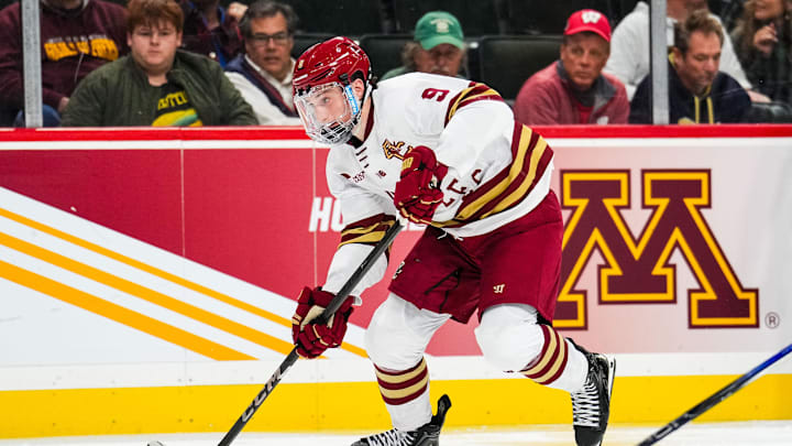 Apr 11, 2024; Saint Paul, Minnesota, USA; Boston College forward Ryan Leonard (9) carries the puck in the semifinals of the 2024 Frozen Four college ice hockey tournament during the second period against Michigan at Xcel Energy Center. Mandatory Credit: Brace Hemmelgarn-Imagn Images Apr 11, 2024; Saint Paul, Minnesota, USA; Boston College forward Ryan Leonard (9) carries the puck in the semifinals of the 2024 Frozen Four college ice hockey tournament during the second period against Michigan at Xcel Energy Center. Mandatory Credit: Brace Hemmelgarn-Imagn Images