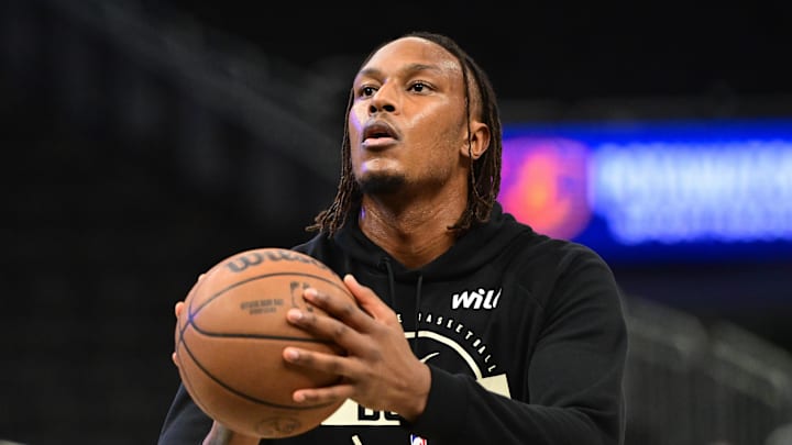 Milwaukee Bucks center Myles Turner (3) warms up before a game against the Toronto Raptors at Fiserv Forum. 