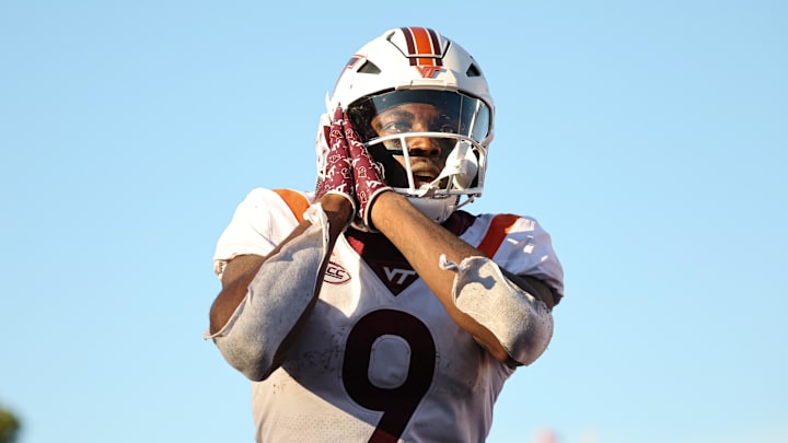Sep 16, 2023; Piscataway, New Jersey, USA; Virginia Tech Hokies wide receiver Da'Quan Felton (9) reacts after a receiving touchdown during the second half against the Rutgers Scarlet Knights at SHI Stadium. Sep 16, 2023; Piscataway, New Jersey, USA; Virginia Tech Hokies wide receiver Da'Quan Felton (9) reacts after a receiving touchdown during the second half against the Rutgers Scarlet Knights at SHI Stadium.