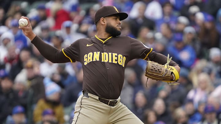 Apr 4, 2025; Chicago, Illinois, USA; San Diego Padres pitcher Randy Vásquez (98) throws the ball against the Chicago Cubs during the second inning at Wrigley Field. Mandatory Credit: David Banks-Imagn Images