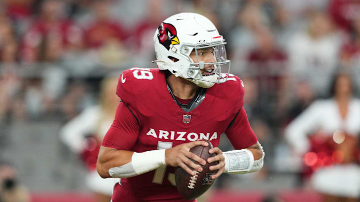 Aug 10, 2024; Glendale, Arizona, USA; Arizona Cardinals quarterback Desmond Ridder (19) drops back to pass against the New Orleans Saints during the first half at State Farm Stadium. Mandatory Credit: Joe Camporeale-Imagn Images