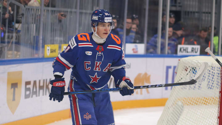 Ivan Demidov (91) of SKA Hockey Club seen in action during...