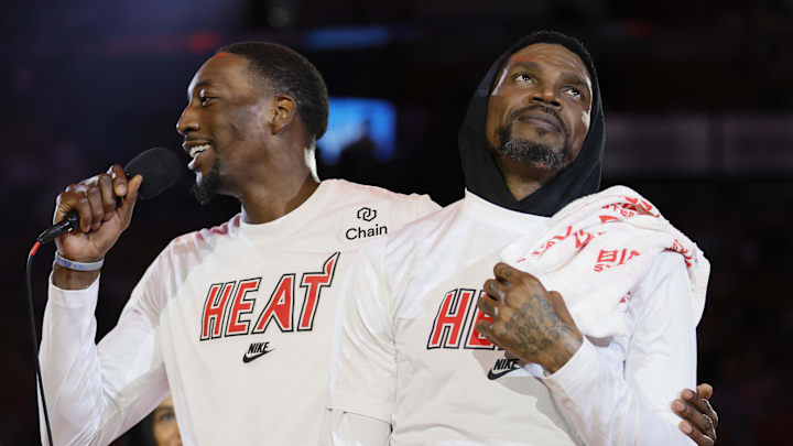 Apr 9, 2023; Miami, Florida, USA; Miami Heat center Bam Adebayo (13) talks during a ceremony to
