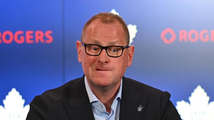 Jun 1, 2023; Toronto, Ontario, CANADA; Toronto Maple Leafs new general manager Brad Treliving reacts to a question during an introductory press conference at Scotiabank Arena. Mandatory Credit: Dan Hamilton-Imagn Images