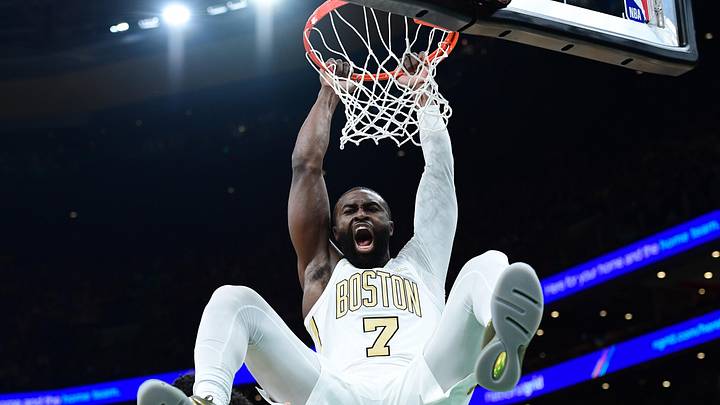 Jan 7, 2026; Boston, Massachusetts, USA; Boston Celtics guard Jaylen Brown (7) dunks the ball during the first half against the Denver Nuggets at TD Garden. Mandatory Credit: Bob DeChiara-Imagn Images