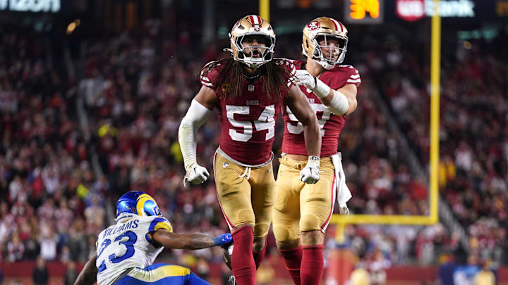 Dec 12, 2024; Santa Clara, California, USA; San Francisco 49ers linebacker Fred Warner (54) reacts after making a tackle against the Los Angeles Rams in the fourth quarter at Levi's Stadium. Mandatory Credit: Cary Edmondson-Imagn Images Dec 12, 2024; Santa Clara, California, USA; San Francisco 49ers linebacker Fred Warner (54) reacts after making a tackle against the Los Angeles Rams in the fourth quarter at Levi's Stadium. Mandatory Credit: Cary Edmondson-Imagn Images